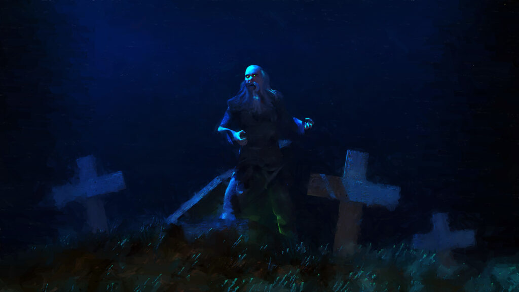Ilustración de un no muerto que se levanta entre las tumbas